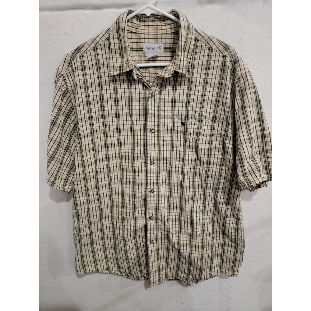 Carhartt Mens Large Shirt S274 CTS Plaid 100% Cotton SS Tan Green Button Down